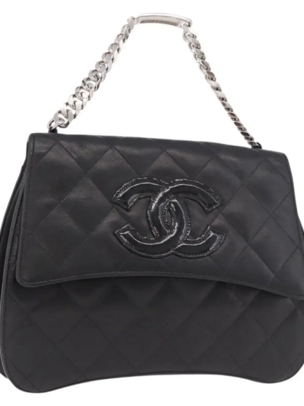 CHANEL Matelasse Chain Hand Bag Lamb Skin Black Silver CC Auth 185765